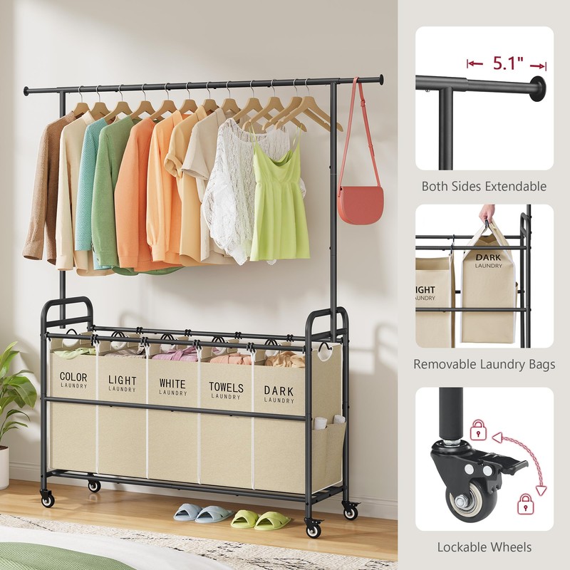 Tajsoon Laundry Sorter with Hanging Bar, 5 Bag Laundry Sorter