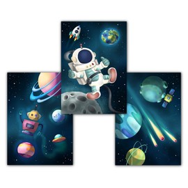 Space Children's Room Pictures with Astronaut, Rocket, Planets and Stars - Decorative A4 Wall Pictures for Boys and Girls, Set of 3 Space Posters without Frame, Children's Pictures Universe (Set A)