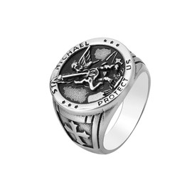St. Michael Ring for Men St Christopher Religious Ring The Great Protector Archangel Defeating Satan Figurine Stainless Steel Amulet Thumb Rings Jewelry Gifts for Men Teen Boys