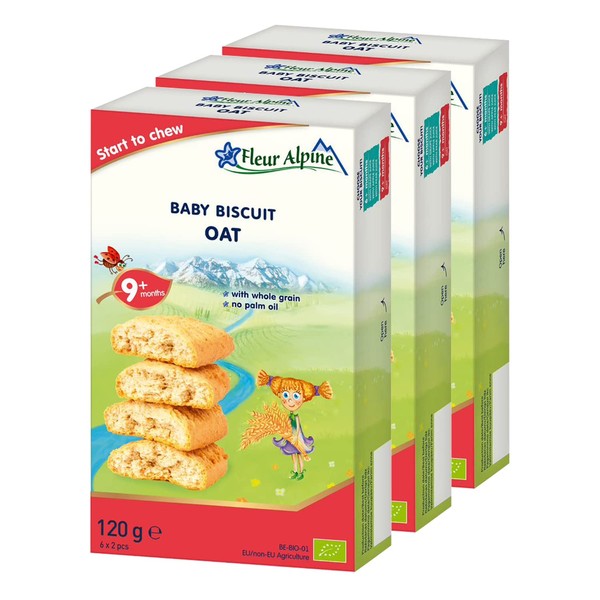 Fleur Alpine Baby Biscuit OAT Cereal Taste, 3 x 120g I Whole Grain Food Snack for Toddlers from 9 months I 18 x 2 Biscuits