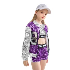 LOLANTA 4 Pieces Girls Hip Hop Dance Costume Kids Sequins Jazz Dance Clothing Set Socks Attached 4-15 Years, purple