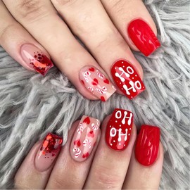 Christmas Press on Nails Long Coffin Red Xmas Fake Nails, Glitter Heart OH Acrylic Nails, Sweet Red Glossy False Nails Kits Winter Stick Glue on Nails Tip 24 Pcs