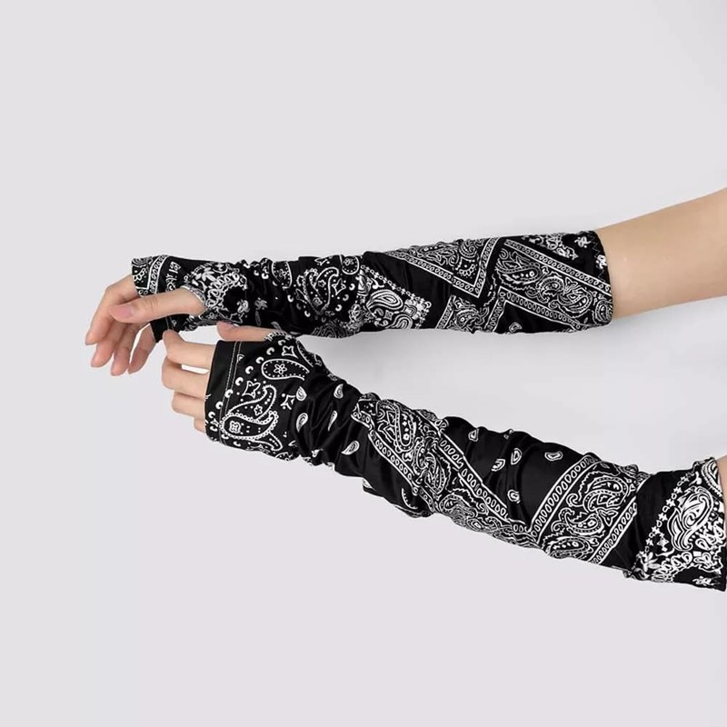Black Paisley Long Arm Sleeves Sun Motorcycle Bicycle Elastic Stretch