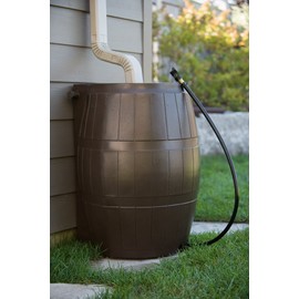 FCMP Outdoor Raincatcher 4000, Flat-Back Rain Water Barrel, 50-Gallon, Brown - Rainwater Collection Storage Container w Side Spigots, Mesh Screen, Garden and Overflow Hose & Linking Kit