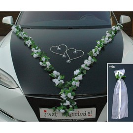 VIP Garland 30 Azaleas 30 Roses 18 Extra Strong Suction Cups 2 x 180 cm Garland 4 Door Handle Decorations 2 Rattan Hearts Bride Couple Car Decoration Wedding Car Wedding Car® Car Decoration (White 1)