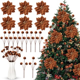 18 Pcs Velvet Christmas Tree Ornament Poinsettia Flower, Brown