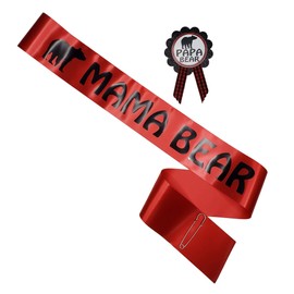 Mama Bear Baby Shower Sash & Pin for Mom and Daddy to Be Red & Black with Rhinestone Pin Buffalo Plaid Woodland, One Size, satin, rhinestone