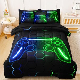 BERTSUCA 4 Pcs Gamer Twin Bedding Set for Boys, Blue-Green Gaming Twin Size Boys Comforter Set for Kids