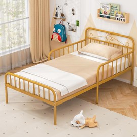 Giantex Metal Twin Bed Frames for Kids, Heavy Duty Metal Platform Bed Frame with Headboard & Safety Guardrails, Modern Toddler Bed with Metal Slat Support for Girls Boys, No Box Spring Needed (Gold)