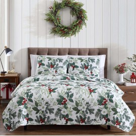 Beatrice Home Fashions Lightweight King Holiday Quilt Bedding Set Green Bouquet, Holly Berry, Green, White, Red