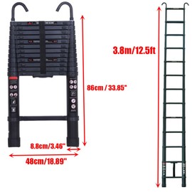 Telescopic Ladder, 3.8M (12.5ft) Extension Ladder with Hooks and Stabilizer, Aluminium Multi-Purpose Ladder, Max Load 150kg/330lb Collapsible Ladder for Home Roof Loft,with Non-Slip Rubber Feet