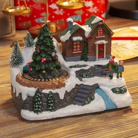 Christams Musical Snowy Village Scene Lights and Moving Train 6602