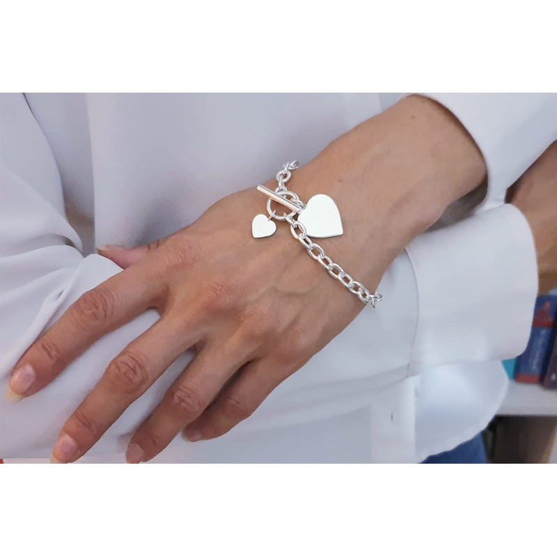Sterling Silver Bracelet with Double Heart Tag with Bars and