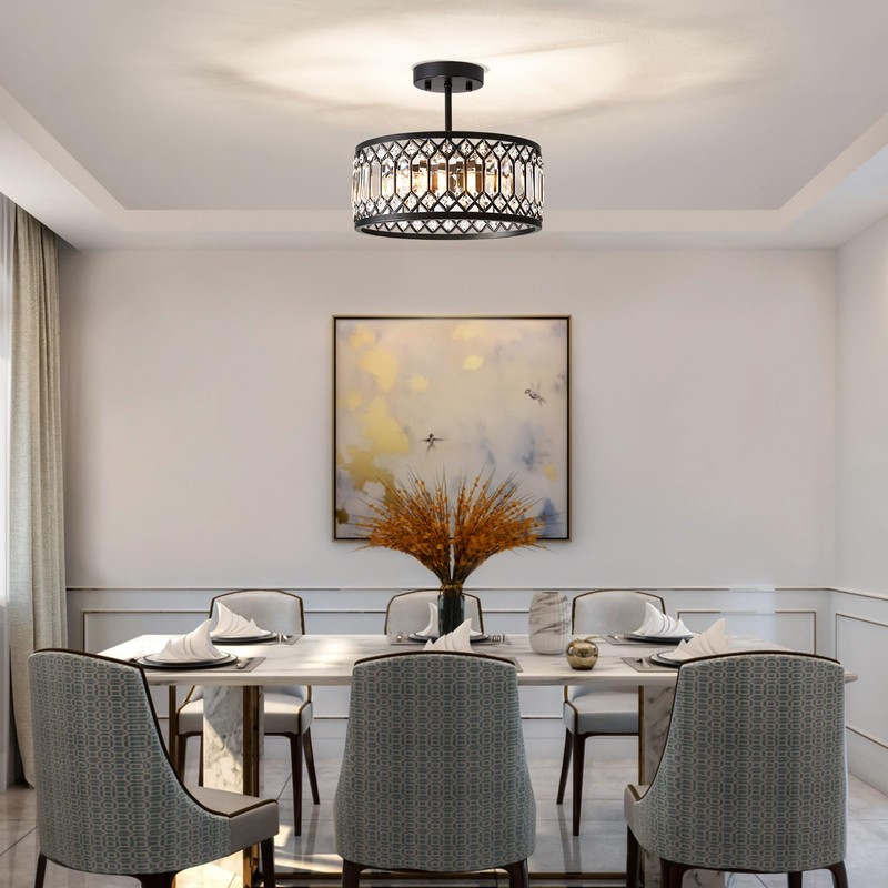 Pevfah Crystal Black Ceiling Light, Modern Semi Flush Mount Ceiling