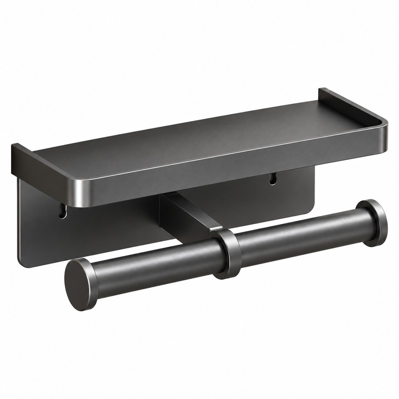 Wall Mounted Toilet Paper Holder with Storage Shelf – Black