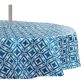 Summer Geometric Circle Star Umbrella Vinyl Tablecloths: Patio Table Cover with Hole and Zipper Closure for Umbrella, Dark Blue White, 52" x 70" inch Rectangle