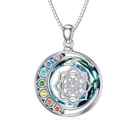 enjoylifecreative Women's 7 Chakra Crystal Necklace 925 Sterling Silver Triple Moon Goddess Lotus Pentagram Moonstone Pendant Chain Chakra Pentagram Jewellery Gift for Women Girls, Sterling Silver, No