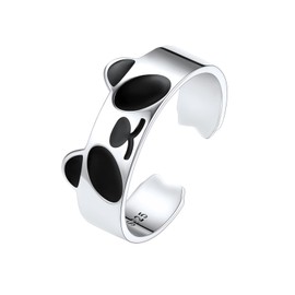 Women Novelty Band Ring 925 Sterling Silver Black Enamel Panda Bear Ear Cute Animal Wrap Open Ring
