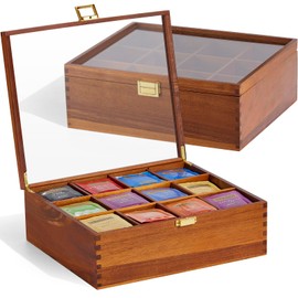 Tea Bag Organizer, Acacia Wood Tea Organizer Box, 12 Compartments Tea Organizer for Tea Bags with Clear Glass Window, Tea Bag Holder for Countertop Kitchen Cabinet Pantry - Keeps Tea Bags Fresh
