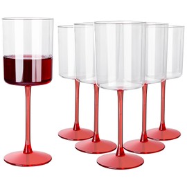 Ciaell 12 Pack 10 Oz Clear Plastic Wine Glasses with Red Stem - Disposable Cocktail Goblets Perfect for Parties & Weddings & Poolside & Outdoors & Camping