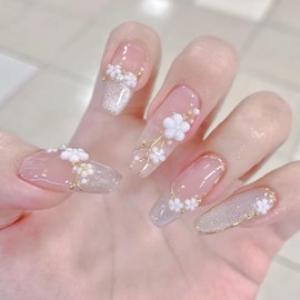 Hrnsnails Long Press On Nails Coffin White Fake Nails with Glitter French Tip Nails and Flower Charm Nail Press Ons Design, Artificial False Nails Press On Nail Kit Stick On Nails for Women