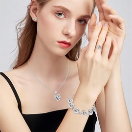 Set de Joyería para Mujer 4 Piezas, Conjuntos de Joyería de Cristal Fina, Contiene Collares, Pulseras, Aretes y Anillos, Regalos para Mujer y Mamá en Cumpleaños, San Valentín y Navidad (Blanco)
