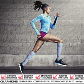 CHARMKING - Calcetines de compresión para mujeres y hombres (8 pares) de 15 a 20 mmHg de cobre graduado son los mejores para embarazadas, enfermeras, rendimiento de aumento, circulación, rodilla alta y pantorrilla ancha (S/M, Multi 54), 30 Azul/Azul/Blan