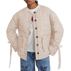 Tankaneo Womens Cropped Quilted Puffer Jackets Lightweight Plaid Button Down Bow Padded Down Coat