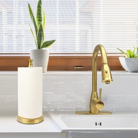 Akicon Paper Towel Holder Stand for Kitchen Countertop & Dining Room Table (Brushed Gold Brass Paper Towel Holder Stand, Modern)