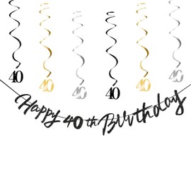 40th Birthday Decorations for Boys Swirls Streamers Set, Hanging Vortex Happy 40th Birthday Banner for Girls, Black and Gold 40 Birthday Decor Party Bunting