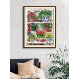 Aiorkeng Cross Stitch Kits Stamped Full Range of Embroidery Starter Kits for Adults Beginners DIY 14CT 2 Strands -Flower Shelf (Printed) 34×44CM