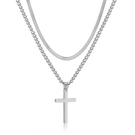 RWQIAN Cross Chain Men's Cross Necklace Stainless Steel Silver/Gold/Black Layered Cross Chain Flat Snake Chain with Cuban Cross Pendant Christian Cross Jewellery Gifts for Men, Stainless Steel