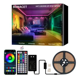 BUNACET COB RGB LED Strip Lights, Bright 20ft RGB COB LED Lights for Game Room Bedroom Kitchen Lighting Home Decor COB LED Light Strip with 44 Keys Remote Smart App Control Music Sync Color Changing