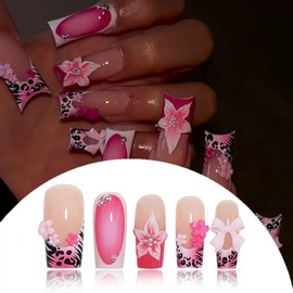 French Tip Press on Nails Medium Square Fake Nails with Design 3D Drip Glue Flower False Nails Leopard Artificial Stick on Acrylic Nails Full Cover for Women 24 Pcs