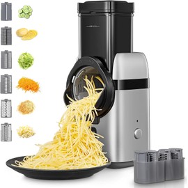 FOHERE Electric Cheese Grater, Upgraded 6-IN-1 Large Feed Chute Electric Vegetable Slicer with Different Blades and Storage Box, Cheese Shredder, Electric Slicer for Cheese, Fruits, Vegetables