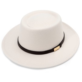 DRESHOW Women Wide Brim Fedora Hat Belt Buckle Retro Panama Floppy Hat, 1 x fedora hat: beige round top 73-b-be