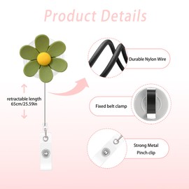 Spring Flower Badge Reel Fun Green Flower Resin Badge for ID Card Badge,Elegant Telescoping Retractable Badge Holder Alligator Clip Accessories with Floral Designs for Nurse,Medical Worker,Teacher