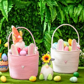 Colingmill 2 Pieces Easter Bunny Basket with Handle Woven Easter Egg Basket Empty Colorful Rabbit Basket for Easter Egg Hunt Candy Gifts Storage Baskets Easter Party Favors Supplies (White, Pink)