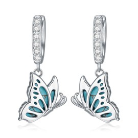 Butterfly Hoop Earrings for Women 925 Sterling Silver Natural Turquoise Blue Butterfly Earrings Western Jewelry Birthday Gift for Mom Wife