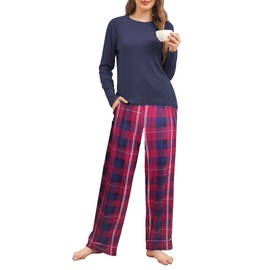 Famulily Pajama Sets for Women UK Soft Lounge Sets O-Neck Sleepwear Tops+Printed Plaid Long Pants Navy Blue M