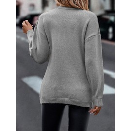 Womens Casual V Neck Long Sleeve Sweaters Cross Wrap Front Cable Knit Pullover Sweater Jumper Tops Grey