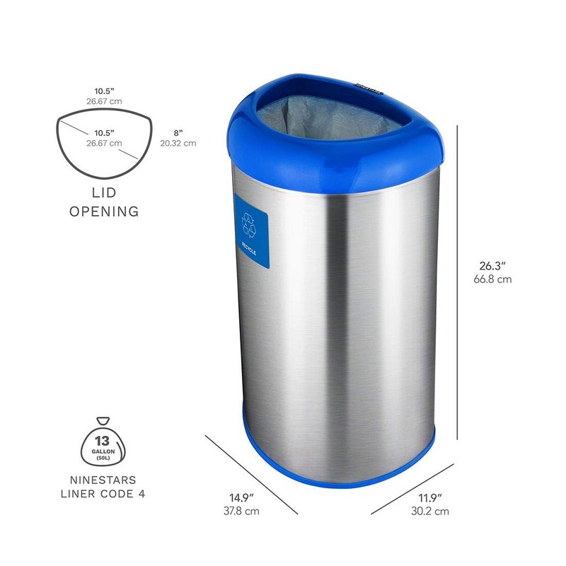 Ninestars OTT-50-19BL Open Top Trash Can, Large, Silver
