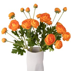 5 tallos de flores artificiales de seda de ranúnculo, naranja, 23 pulgadas de alto, resistentes a los rayos UV, tallos doblables para centros de mesa de boda, decoración del hogar (naranja
