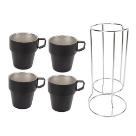 Stackable Stainless Steel Coffee Cups, 4pcs Double Walled Insulated Coffee Mugs with Rack Keep Drinks Hot or Cold Longer, Outdoor Indoor Metal Camping Mugs for Home, Office, Party (Black)