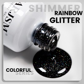 RARJSM Black Glitter Gel Nail Polish Chunky Iridescent Rainbow Sparkle Laser Holographic Small Flakes Shimmer Diamond Gel Polish Single Bottle Soak off UV LED Cured for Home Salon Manicure 15ML