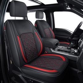 LUCKYMAN CLUB F150 Front-only Seat Covers J03-Q3 with Waterproof Faux Leather, Fit 2015-2025 Ford F150 and 2017-2025 F250 F350 F450 (Front only, Black-Red)