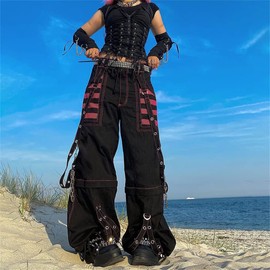 Women Y2k Pants Goth Punk Emo Pants Baggy Bell Bottom Jeans Y2k Wide Leg Jeans Harajuku Grunge Pants Hip Hop Clothes