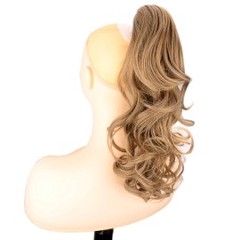 DIGUAN 13 Inches Ombre Claw Clip In Wavy Loose curly Synthetic Wrap Around Ponytail Extensions Short Pony Tail Clip In Extensions for Women Girl 4oz/115g (Caramel Blonde)