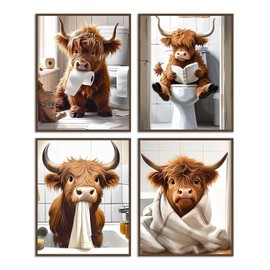 Dazzlewall Pack of 4 Funny Highland Cow Wall Pictures, Rustic Cow Canvas Pictures for Bathroom, Toilets Decoration, 8 x 10 Inches, Unframed