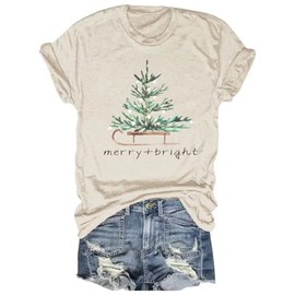 Women's Merry and Bright Christmas Tree T-Shirt Casual Winter Xmas Round Neck Family Party Tees Tops（030-Beige,M）